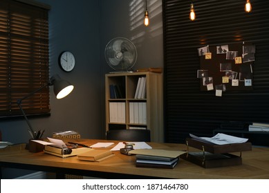 Detective Office Interior With Evidence Board On Wall