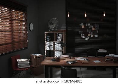 Detective office interior with evidence board on wall - Shutterstock ID 1871464825