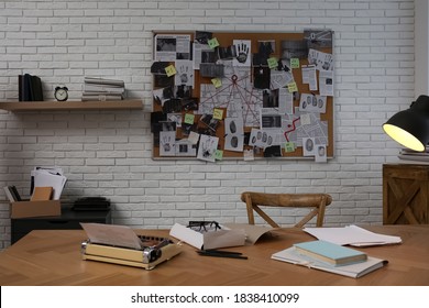 Detective office interior with workplace and investigation board