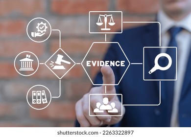 Detective using virtual touchscreen presses word: EVIDENCE. Concept of Evidence Law Justice Court Business. Detective work, crime investigation.