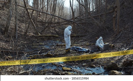 Detectives are collecting evidence in a crime scene. Forensic specialists are making expertise. Police investigation in a forest.