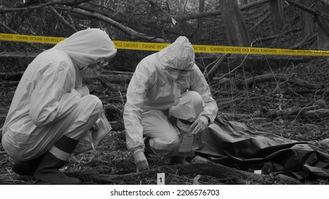 Detectives are collecting evidence in a crime scene. Forensic specialists are making expertise. Police investigation in a forest. Black and white image with yellow police line. - Shutterstock ID 2206576703