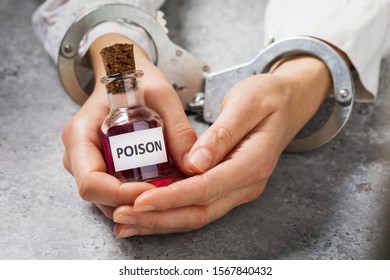 The Detention Of An Employee Of A Chemical Laboratory For The Illegal Production Of Toxic Substances. Handcuffed Hands With A Bottle Of Poison