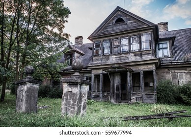Deteriorated abandoned haunted old house. Dobele, Latvia