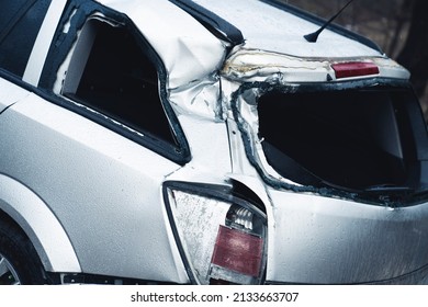 Deteriorated Rear End Of A Urban Hatchback Car Crashed. High Quality Photo