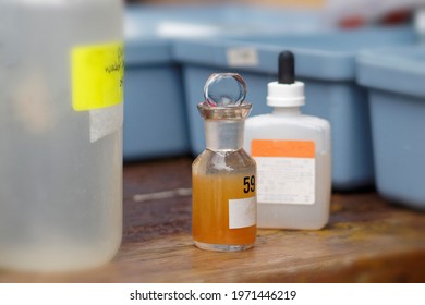 Determination of dissolved oxygen in a DO bottle showing color development.