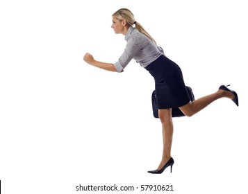 Determined Business Woman Holding Suitcase And Running On Isolated White Background