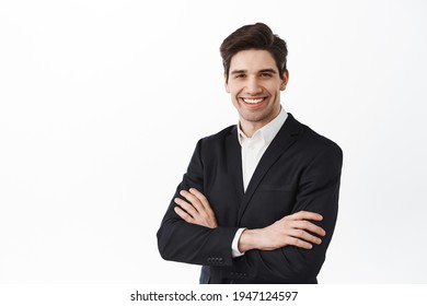 Determined Company Owner, Businessman In Suit Cross Arms On Chest, Standing Power Pose, Smiling With Confidence, Looking Pleased Against White Background