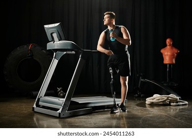 A determined disabled man with a prosthetic leg stands confidently on top of a treadmill at the gym. - Powered by Shutterstock