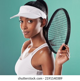 Determined, Motivated Woman Tennis Player, Athlete And Sports Person. Portrait Of A Competitive, Healthy And Serious Girl With Female Empowerment And Motivation Ready For Fitness Training