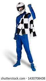 Determined Race Driver In Blue White Motorsport Overall Shoes Gloves Integral Safety Crash Helmet And Chequered Checkered Flag Isolated On White Background. Car Racing Motorcycle Sport Concept.