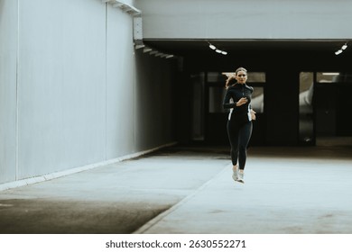 A determined runner navigates an empty urban corridor, focusing on fitness and the rhythm of her pace in a calm morning atmosphere.