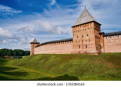 Detinets or Novgorod Kremlin red brick fortress walls. Towers of fortress in Novgorod Kremlin in summer day in Veliky Novgorod, Russia. Travel concept, copy space for text - Shutterstock ID 1765384163