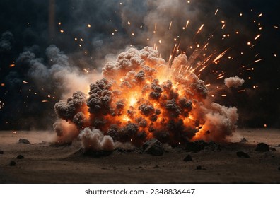 Detonation in desert sand with lots of smoke, fire and sparks at night