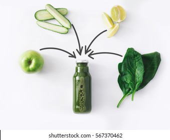 Detox cleanse drink concept, green vegetable smoothie ingredients. Natural, organic healthy juice in bottle for weight loss diet or fasting day. Cucumber, apple, lime and spinach mix isolated on white