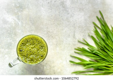 Detox Drink With Green Barley Grass, Healthy Organic Smoothie In Jar, Overhead