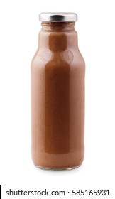 Detox drink. Natural, organic healthy smoothie in bottle. Banana, cocoa powder, date fruit mix isolated on white background