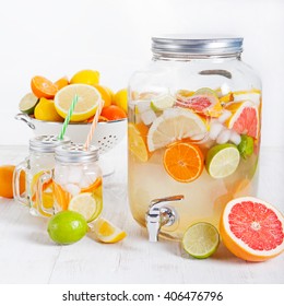 Detox Fruit Infused Flavored Water, Lemonade, Cocktail In A Beverage Dispenser With Fresh Fruits. Cleanse Body And Burn Fat.