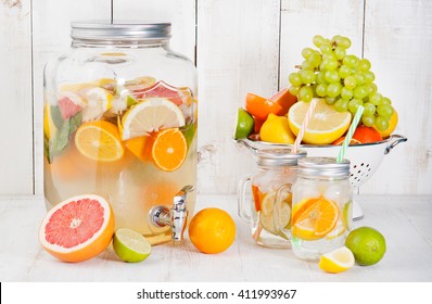 Detox Fruit Infused Flavored Water, Lemonade, Cocktail In A Beverage Dispenser With Fresh Fruits. Cleanse Body And Burn Fat.