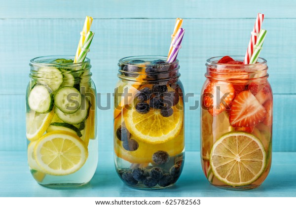 Detox fruit infused water. Refreshing summer\
homemade cocktail, selective\
focus.