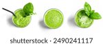 Detox green vegetable smoothie in glasses isolated on white background, top view, design elements. Healthy clean vegan eating, set of spinach blended smoothies, design elements.