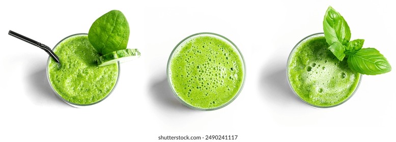 Detox green vegetable smoothie in glasses isolated on white background, top view, design elements. Healthy clean vegan eating, set of spinach blended smoothies, design elements. - Powered by Shutterstock