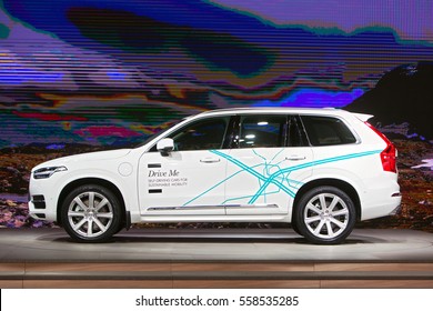 DETROIT - JANUARY 9: A Volvo Self Driving Car On Display At The North American International Auto Show Media Preview January 19, 2017 In Detroit, Michigan.