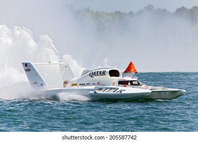 DETROIT - JULY 11: The Qatar Hydroplane At The APBA Gold Cup July 11, 2014 On The Detroit River In Detroit, Michigan.