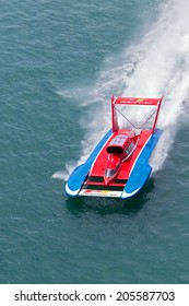 DETROIT - JULY 13: Aerial View Of The Mike Webster Hydroplane At The APBA Gold Cup July 13, 2014 On The Detroit River In Detroit, Michigan.