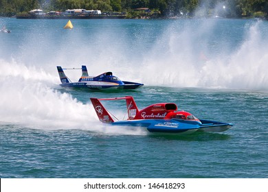 DETROIT - JULY 13: Mike Webster And Ryan Barrows Race For Position At The APBA Gold Cup July 13, 2013 On The Detroit River In Detroit, Michigan.