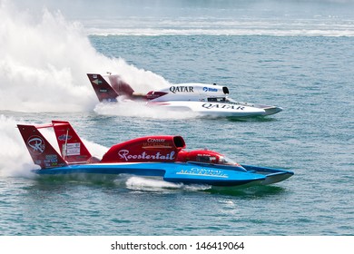 DETROIT - JULY 14 : Kip Brown, And Mike Webster Race For Position At The APBA Gold Cup July 14, 2013 On The Detroit River In Detroit, Michigan.