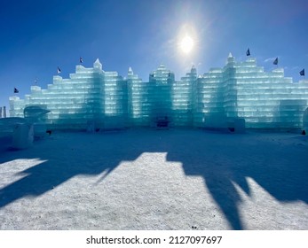 Detroit Lakes, MN USA. February 20, 2022. An ice castle part of a community winter celebration.