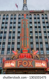 DETROIT, MI -10 NOV 2018- View Of The Fox Theatre, A Landmark Performing Arts Center And Former Cinema Located  In Downtown Detroit, Michigan, Near The Grand Circus Park Historic District.