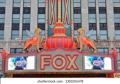 DETROIT, MI -10 NOV 2018- View Of The Fox Theatre, A Landmark Performing Arts Center And Former Cinema Located  In Downtown Detroit, Michigan, Near The Grand Circus Park Historic District.