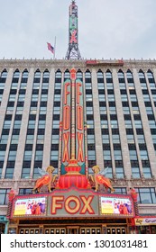 DETROIT, MI -10 NOV 2018- View Of The Fox Theatre, A Landmark Performing Arts Center And Former Cinema Located  In Downtown Detroit, Michigan, Near The Grand Circus Park Historic District.