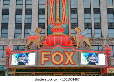 DETROIT, MI -10 NOV 2018- View Of The Fox Theatre, A Landmark Performing Arts Center And Former Cinema Located  In Downtown Detroit, Michigan, Near The Grand Circus Park Historic District.