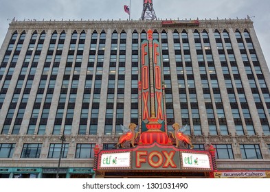 DETROIT, MI -10 NOV 2018- View Of The Fox Theatre, A Landmark Performing Arts Center And Former Cinema Located  In Downtown Detroit, Michigan, Near The Grand Circus Park Historic District.