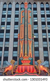 DETROIT, MI -10 NOV 2018- View Of The Fox Theatre, A Landmark Performing Arts Center And Former Cinema Located  In Downtown Detroit, Michigan, Near The Grand Circus Park Historic District.