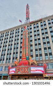 DETROIT, MI -10 NOV 2018- View Of The Fox Theatre, A Landmark Performing Arts Center And Former Cinema Located  In Downtown Detroit, Michigan, Near The Grand Circus Park Historic District.