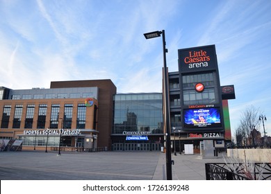 Detroit, MI - December 2019: Little Caesars arena, home NHL Red Wings and NBA Pistons. Sports stadium in downtown Detroit, next to Google offices.