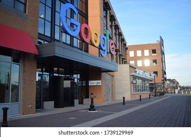 Detroit, MI - December 2019: Sign of Google office in downtown Detroit, next to Little Caesar Arena. Office main entrance on Henry street and Woodward Avenue.