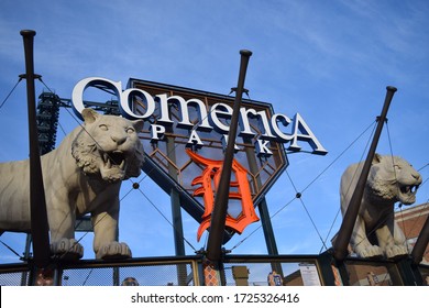 Detroit, MI - December 2019: Signage And Sculptures On Top Of The Comerica Park Main Entrance. Detroit Tigers Baseball Stadium.