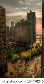 Detroit, Mi - Oct 5, 2019: Ariel Shot Of Campus Martius Looking Out At The Detroit River At Sunset So You Can See The Street View