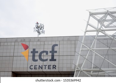 Detroit, MI - September 2019: Signage On The TCF Center In Downtown Detroit. Convention Center Formerly Named Cobo Hall.