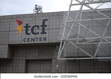 Detroit, MI - September 2019: Signage On The TCF Center In Downtown Detroit. Convention Center Formerly Named Cobo Hall.