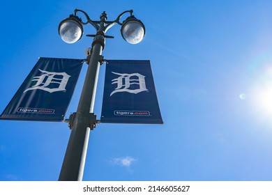 Detroit, MI, USA, 2021-05-29: Looking Up At Banner Of Detroit Tigers