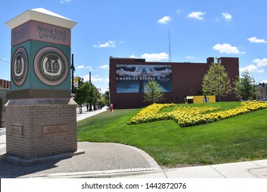 DETROIT, MI / USA - JUNE 30, 2019:  A sign on a building near Wayne State University displays the Warrior Strong logo