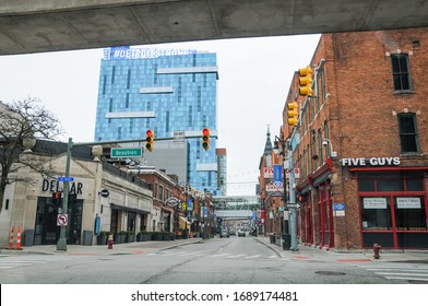 DETROIT, MI / USA - March 30, 2020: An Empty Street In Downtown Detroit After Michigan Governor Gretchen Whitmer Ordered A Stay At Home Due To Coronavirus (COVID-19) Global Pandemic On March 23, 2020.