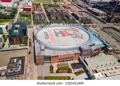 Detroit, MI USA - May 30, 2022 : Aerial view of Detroit downtown, Little Caesars arena home of the Detroit Red Wings of the National Hockey League in American heartland, downtown Detroit.