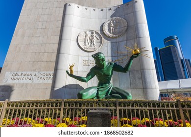 DETROIT, MI, USA - NOVEMBER 10: The Spirit Of Detroit At The Coleman A. Young Municipal Center On November 10, 2020 In Downtown Detroit, Michigan.